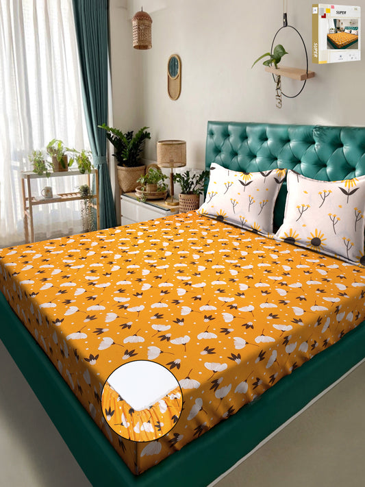 Klotthe Yellow Floral 300 TC Cotton Blend Fitted Double Bedsheet in Book Fold Packing