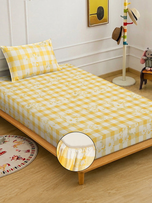 Yellow Floral Cotton Blend Fitted Single Bedsheet with Pillow Cover