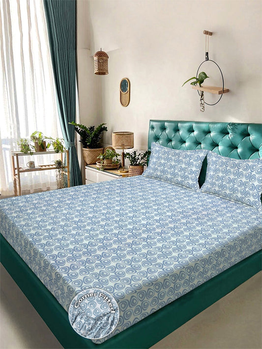 Blue Geometric 300 TC Cotton Blend Fitted Double Bedsheet with 2 Pillow Covers