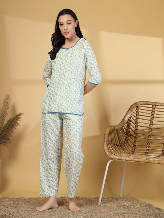 Women Green Floral Cotton Blend Night Suit