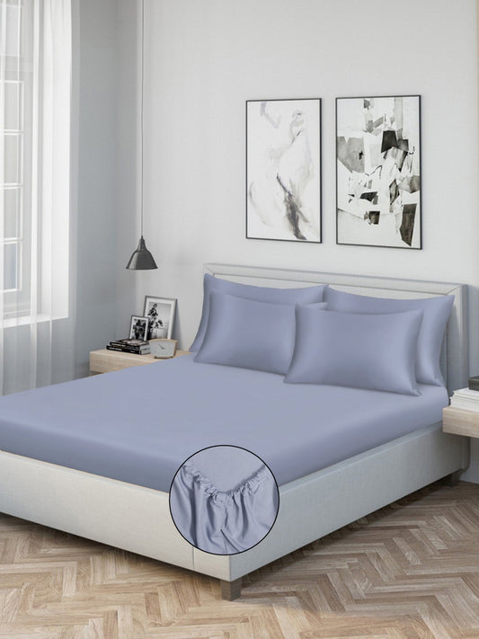 Lavender Solid 300 TC Cotton Blend Fitted Double Bedsheet with 4 Pillow Covers