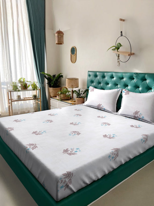 White Floral 400 TC Pure Cotton Super King Double Bedsheet with 2 Pillow Covers