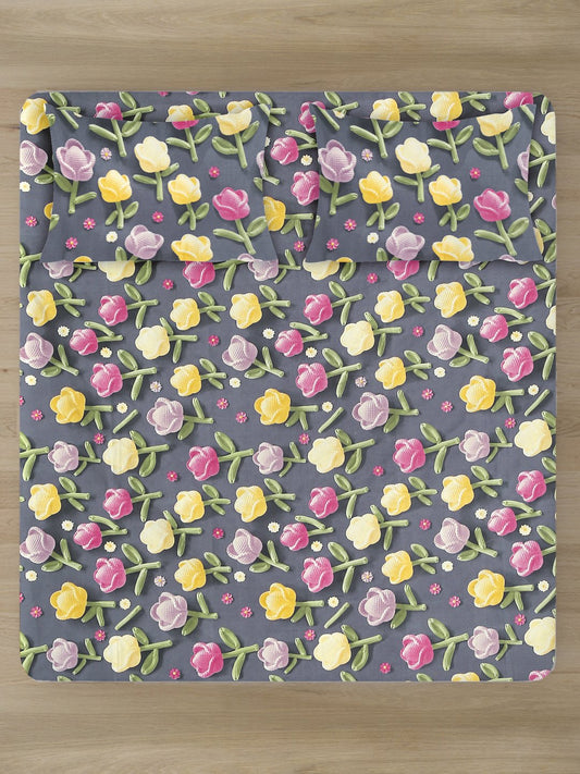 Grey Floral 7D King Size Cotton Blend Fitted Double Bedsheet with 2 Pillow Covers