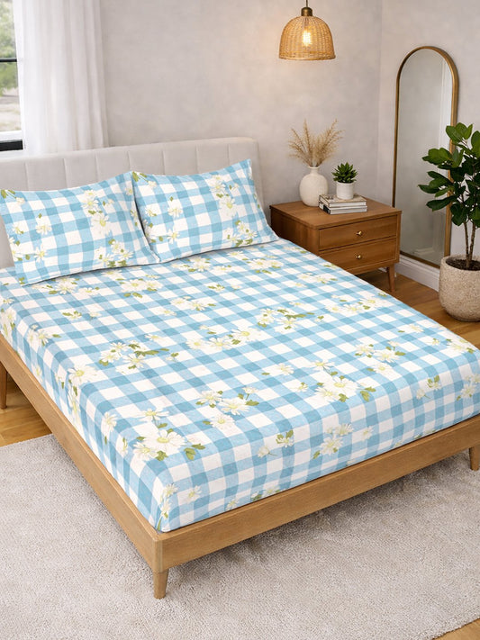 Blue Floral Cotton Blend Double Bedsheet with 2 Pillow Covers