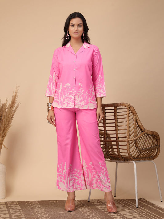 Pink Cotton Printed Shirt With Trousers Co-Ords Set