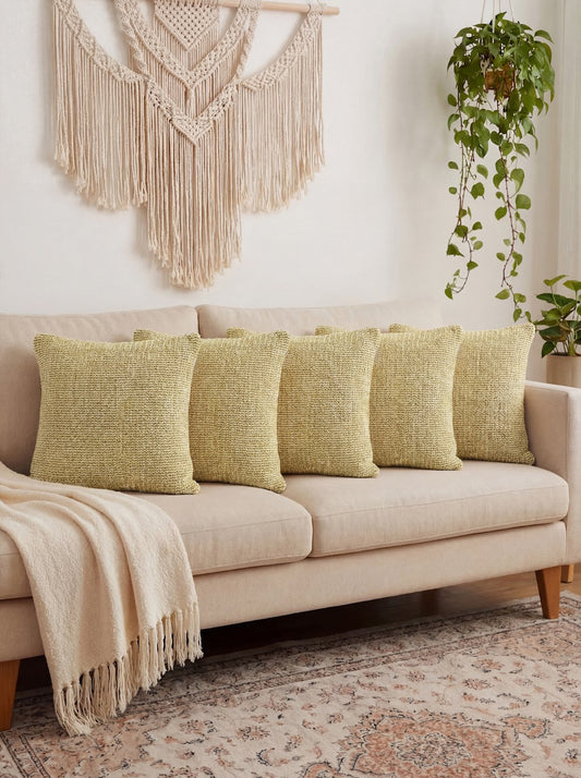 Yellow Set of 5 Self Design Pure Cotton Cushion Covers (40X40 cm)