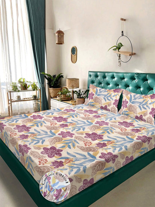 Multi Floral 300 TC Cotton Blend Fitted Double Bedsheet with 2 Pillow Covers