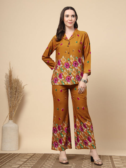 Mustard Cotton Printed Shirt With Trousers Co-Ords Set