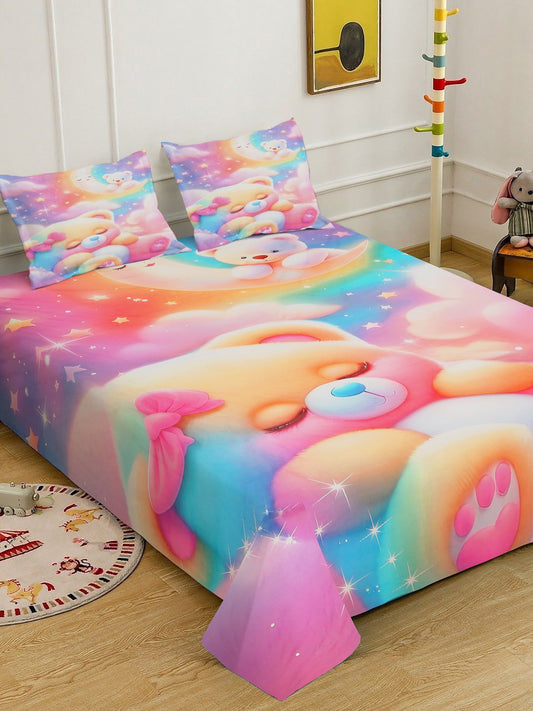 Multi 7D Cartoon Characters Printed Cotton Blend Double Bedsheet with 2 Pillow Covers