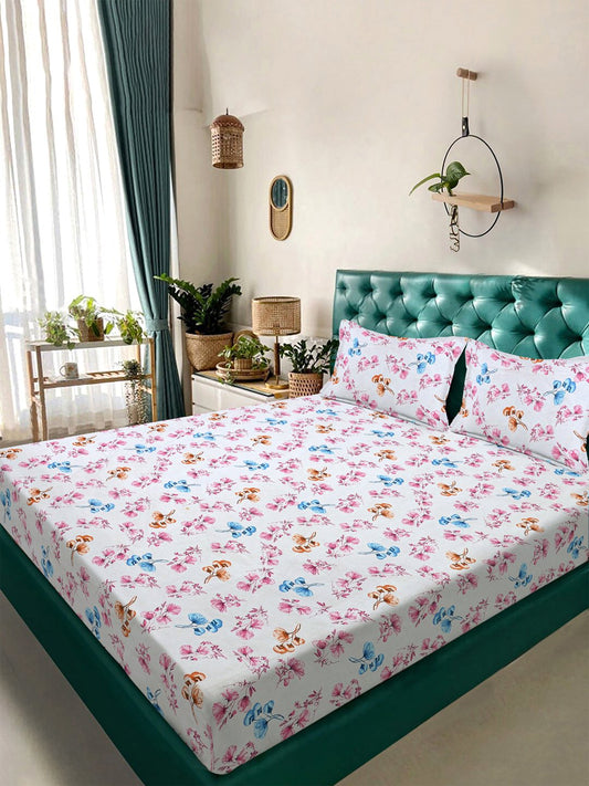 White Floral 300 TC Cotton Blend Double Bedsheet with 2 Pillow Covers