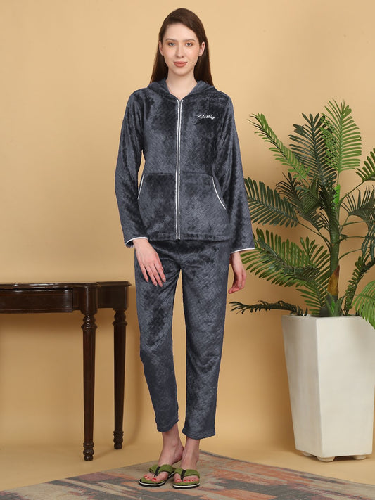 Women Grey Solid Hooded Woolen Night Suit