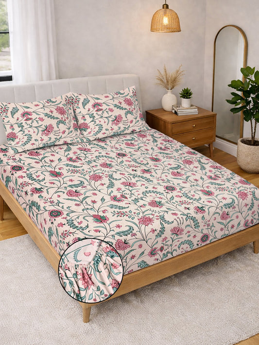 Beige Floral Cotton Blend Fitted Double Bedsheet with 2 Pillow Covers