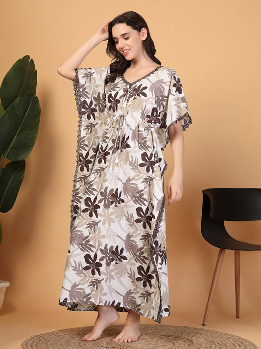 Brown Floral Cotton Blend Kaftan Maxi Nightdress