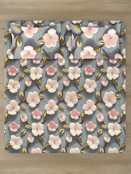 Grey Floral 7D King Size Cotton Blend Fitted Double Bedsheet with 2 Pillow Covers