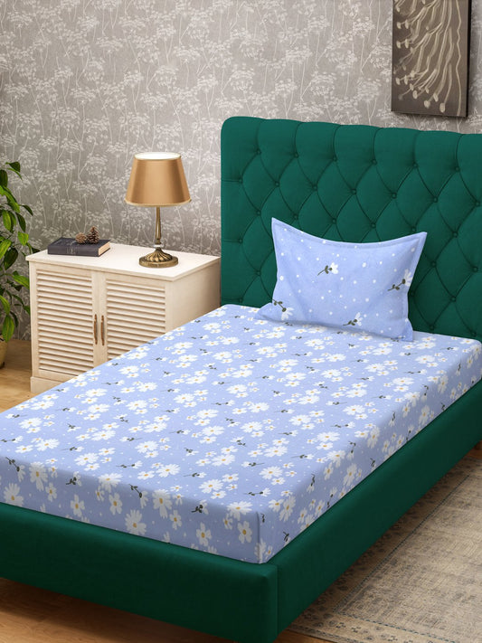 Blue Floral 300 TC Cotton Blend Fitted Single Bedsheet with Pillow Cover