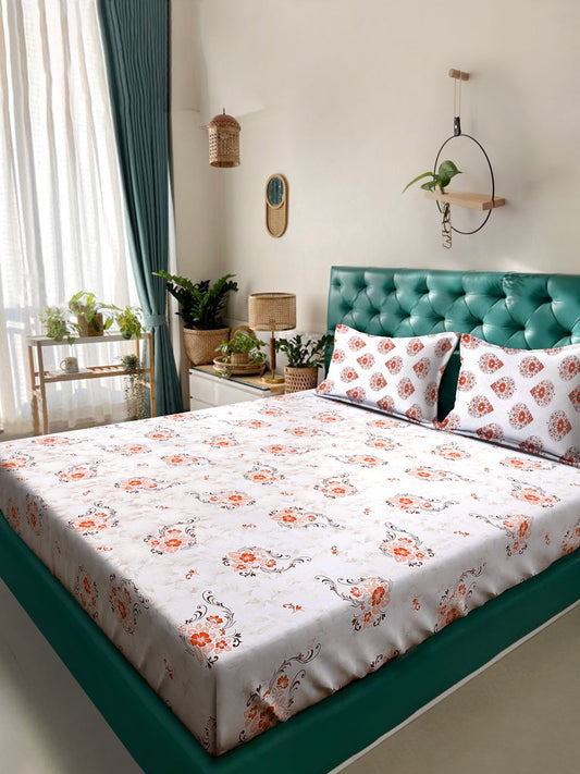 Orange Floral 400 TC Pure Cotton Double Bedsheet with 2 Pillow Covers