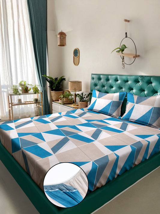 Multi Geometric 300 TC Cotton Blend Fitted Double Bedsheet with 2 Pillow Covers