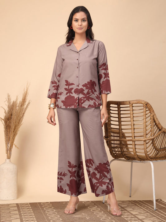 Brown Cotton Printed Shirt With Trousers Co-Ords Set