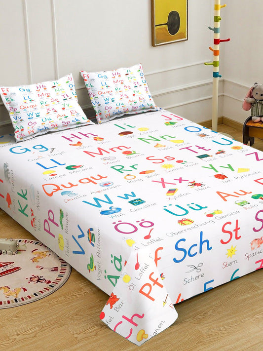 White Digital Cartoon Characters Printed Cotton Blend Double Bedsheet with 2 Pillow Covers