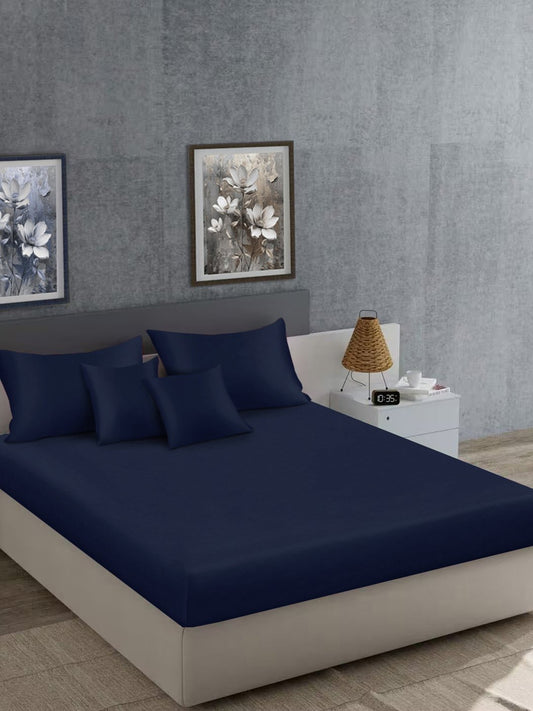 Blue Solid 400 TC Satin Super King Double Bedsheet with 2 Pillow Covers & 2 Cushion Covers