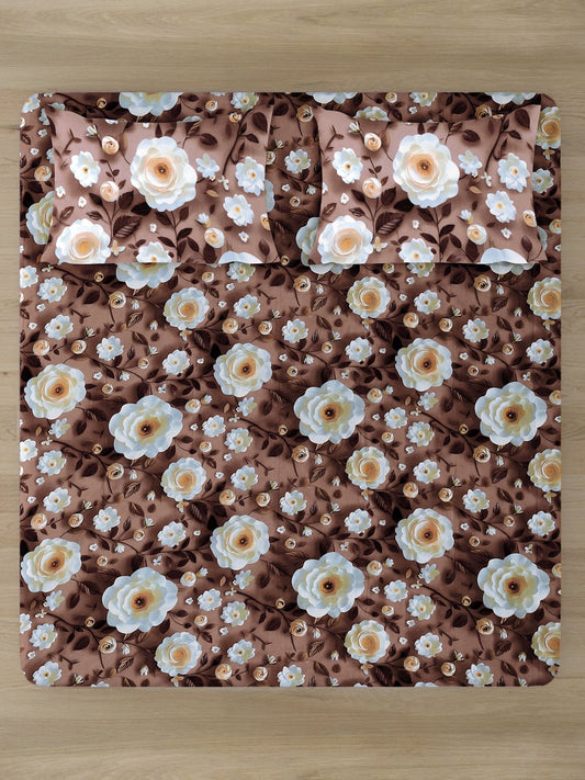Brown Floral 7D King Size Cotton Blend Double Bedsheet with 2 Pillow Covers