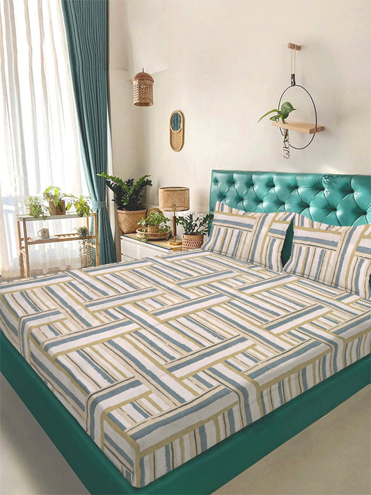Multi Geometric 300 TC Cotton Blend Double Bedsheet with 2 Pillow Covers