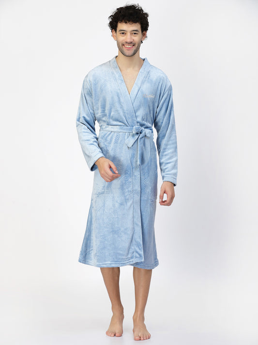 Klotthe Men Blue Solid Bath Robe With Belt