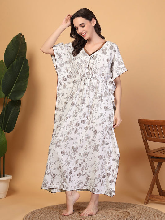 White Floral Cotton Blend Kaftan Maxi Nightdress