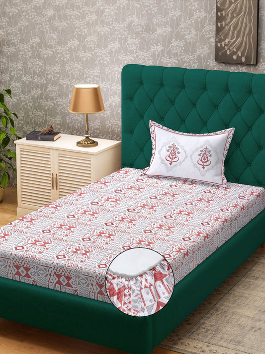 Red Geometric 400 TC Pure Cotton Fitted Single Bedsheet with Pillow Cover