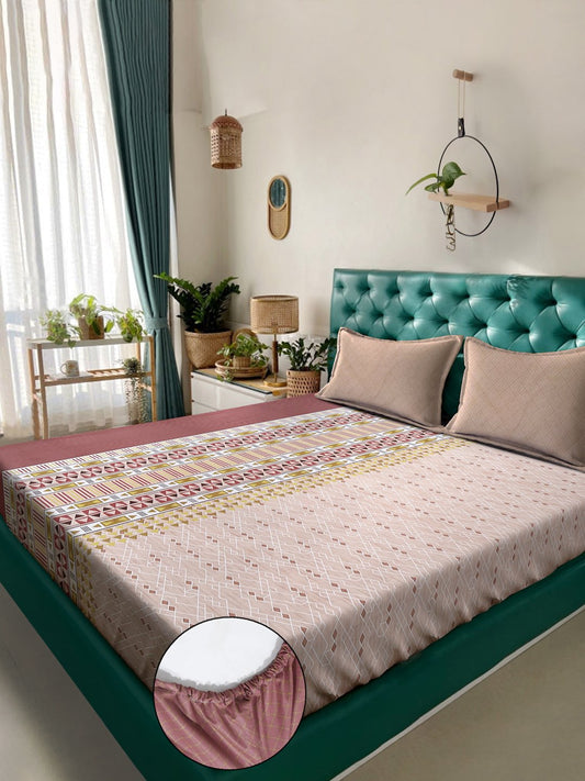 Beige Ethnic Motifs 400 TC Pure Cotton Super King Fitted Double Bedsheet with 2 Pillow Covers
