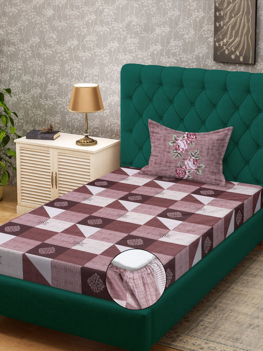 Rust Geometric 400 TC Pure Cotton Fitted Single Bedsheet with Pillow Cover
