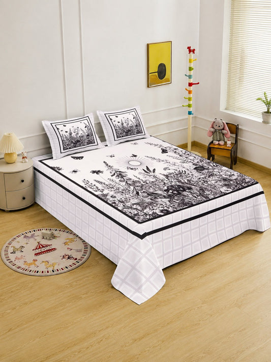 Digital White Floral Cotton Blend Fitted Double Bedsheet with 2 Pillow Covers