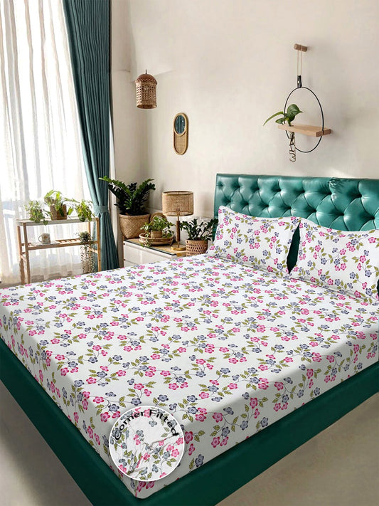 Cream Floral 300 TC Cotton Blend Fitted Double Bedsheet in Book Fold Packing