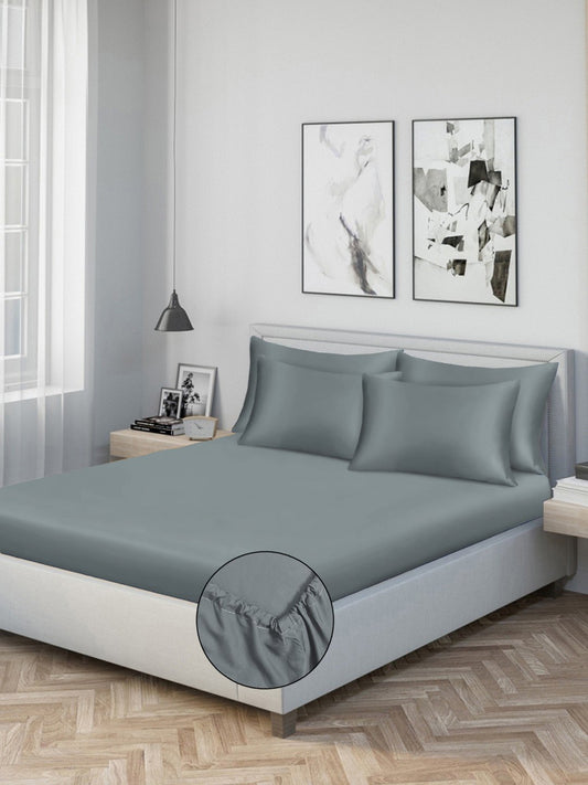 Grey Solid 300 TC Cotton Blend Fitted Double Bedsheet with 4 Pillow Covers