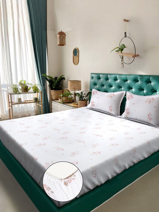 White Floral 400 TC Pure Cotton Super King Double Bedsheet with 2 Pillow Covers