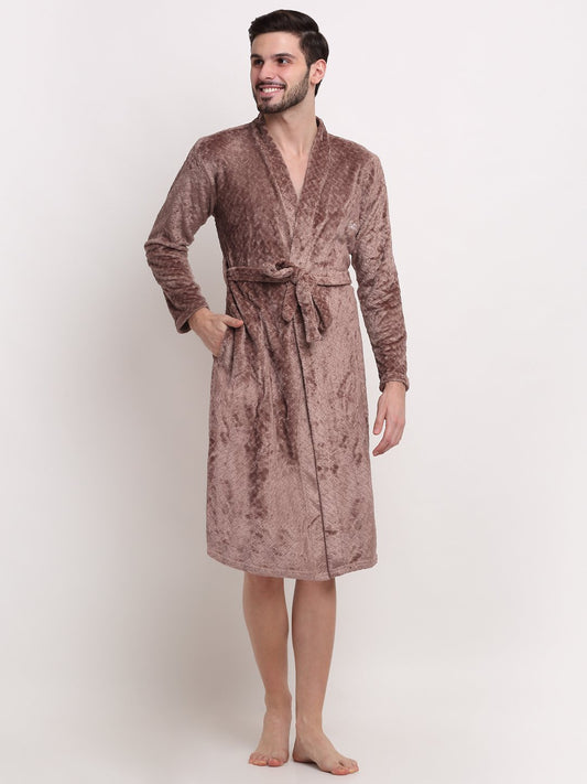 Men Brown Self Design Wool Bath Robe With Belt