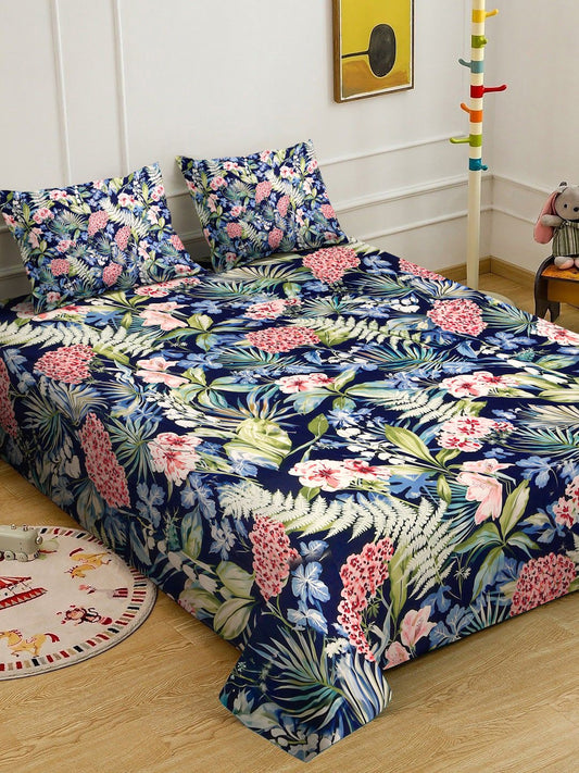 Blue Digital Floral Printed Cotton Blend Double Bedsheet with 2 Pillow Covers