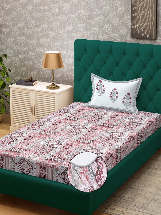 Red Ethnic Motifs 400 TC Pure Cotton Fitted Single Bedsheet with Pillow Cover