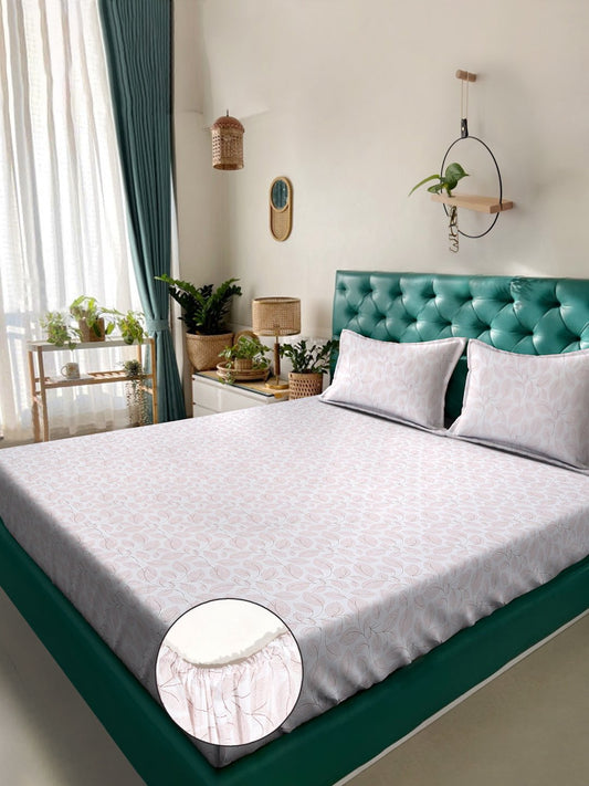 White Floral 400 TC Pure Cotton Super King Double Bedsheet with 2 Pillow Covers