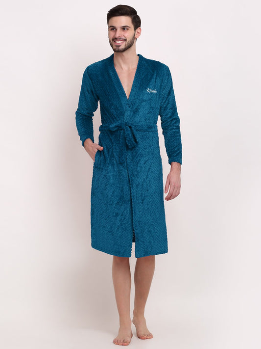 Men Blue Self Design Wool Bath Robe With Belt