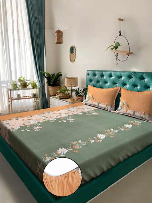 Green Floral 300 TC Cotton Blend Fitted Double Bedsheet with 2 Pillow Covers