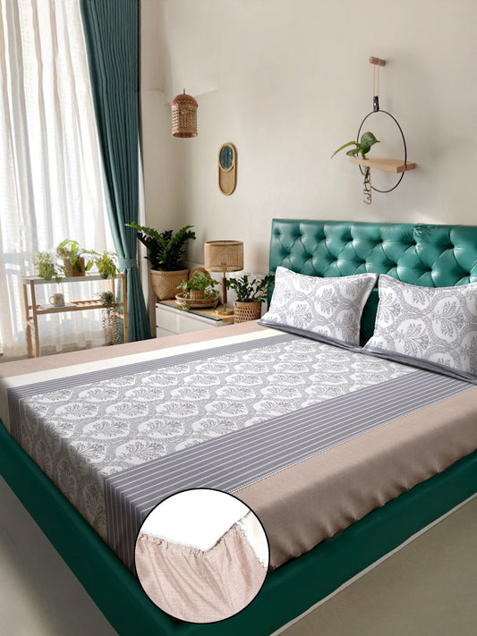 Multi Floral 300 TC Cotton Blend Fitted Double Bedsheet in Book Fold Packing