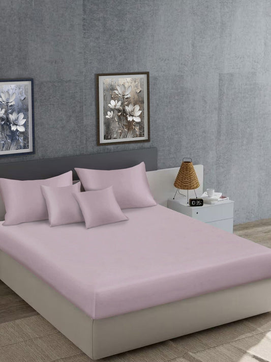 LightPink Solid 400 TC Satin Super King Double Bedsheet with 2 Pillow Covers & 2 Cushion Covers