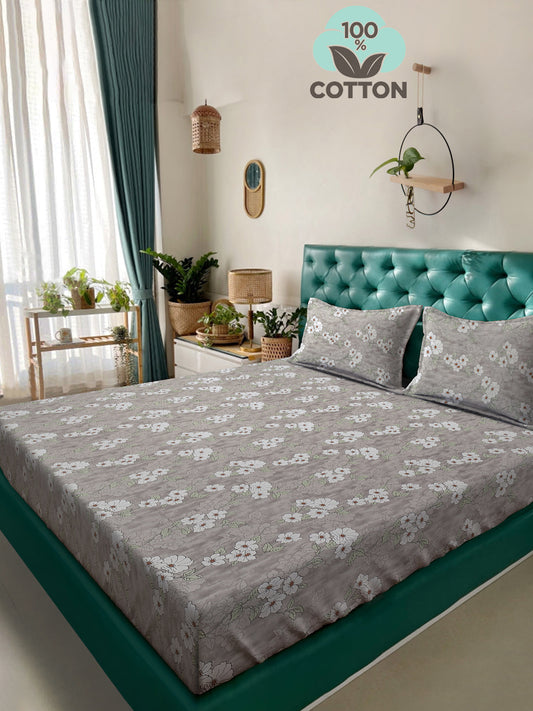 Klotthe Grey Floral 400 TC Pure Cotton Double Bedsheet with 2 Pillow Covers