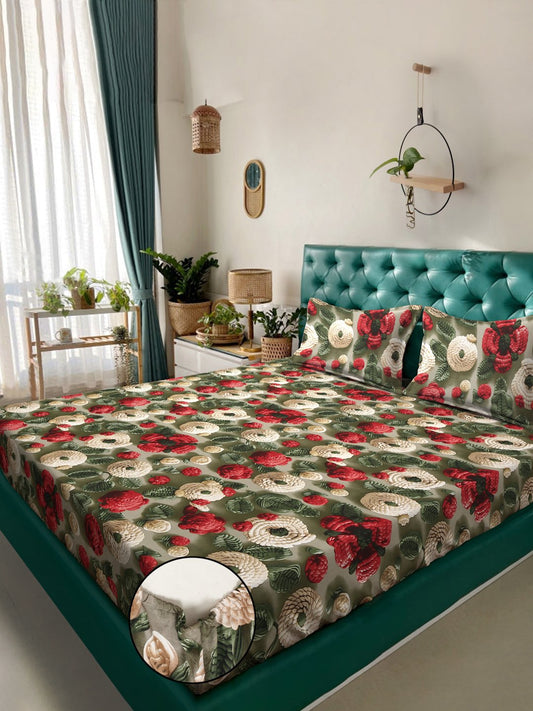 Green Floral 7D King Size Cotton Blend Fitted Double Bedsheet with 2 Pillow Covers