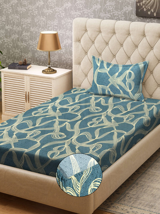 Klotthe Turquoise Abstract 300 TC Cotton Blend Fitted Single Bedsheet with Pillow Cover