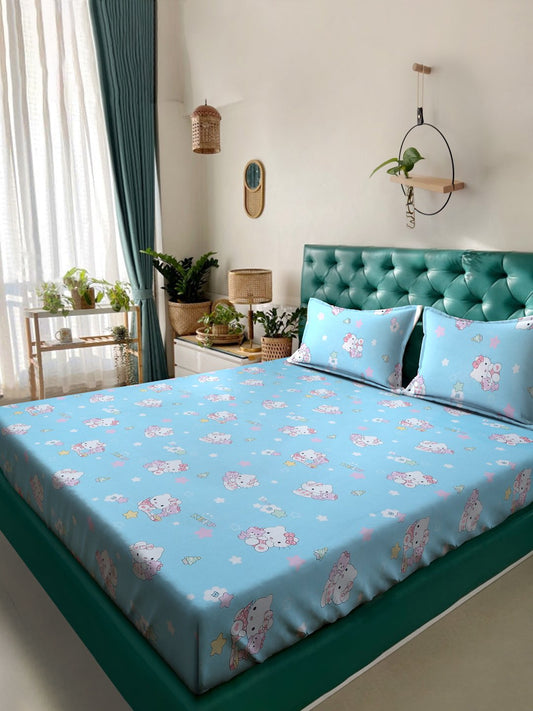 SkyBlue Cartoon Characters 400 TC Pure Cotton Double Bedsheet with 2 Pillow Covers