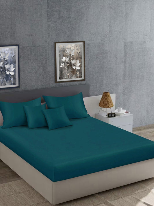 Turquoise Solid 400 TC Satin Super King Double Bedsheet with 2 Pillow Covers & 2 Cushion Covers