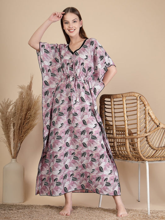Pink Floral Cotton Blend Kaftan Maxi Nightdress