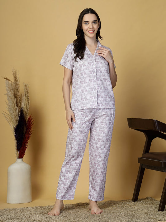 Women Purple Abstract Pure Cotton Night Suit